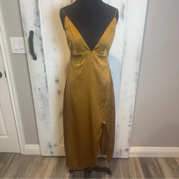 For Love & Lemons Twinkle Slip Midi Dress Olive Gold SSatin Crisscross Back For Love & Lemons Twinkle Slip Midi Dress Olive Gold SSatin Crisscross Back